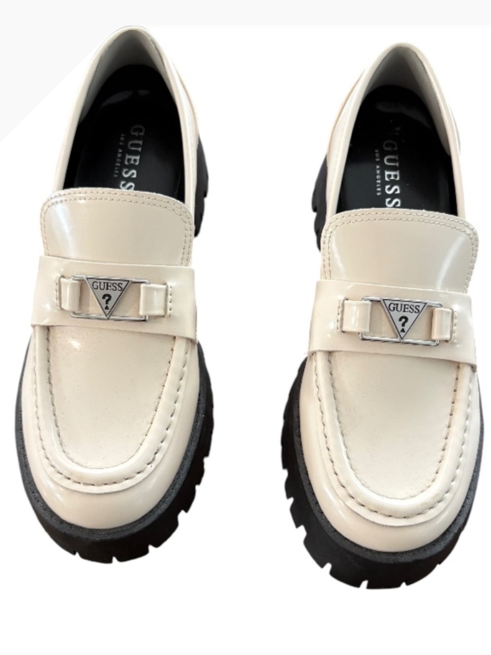 GUESS Cream Patent Chunky Platform Lug Sole Triangle Logo Shoes NWOB Size 7.5